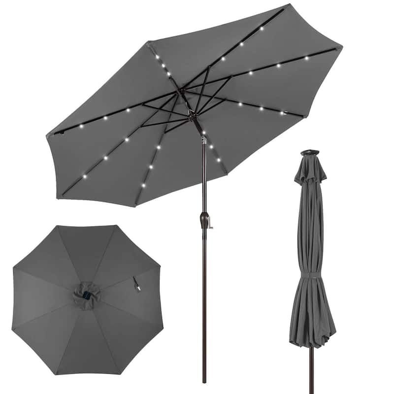 10FT Outdoor Patio umbrella w/ Solar Lights Table Market Umbrella - Grey