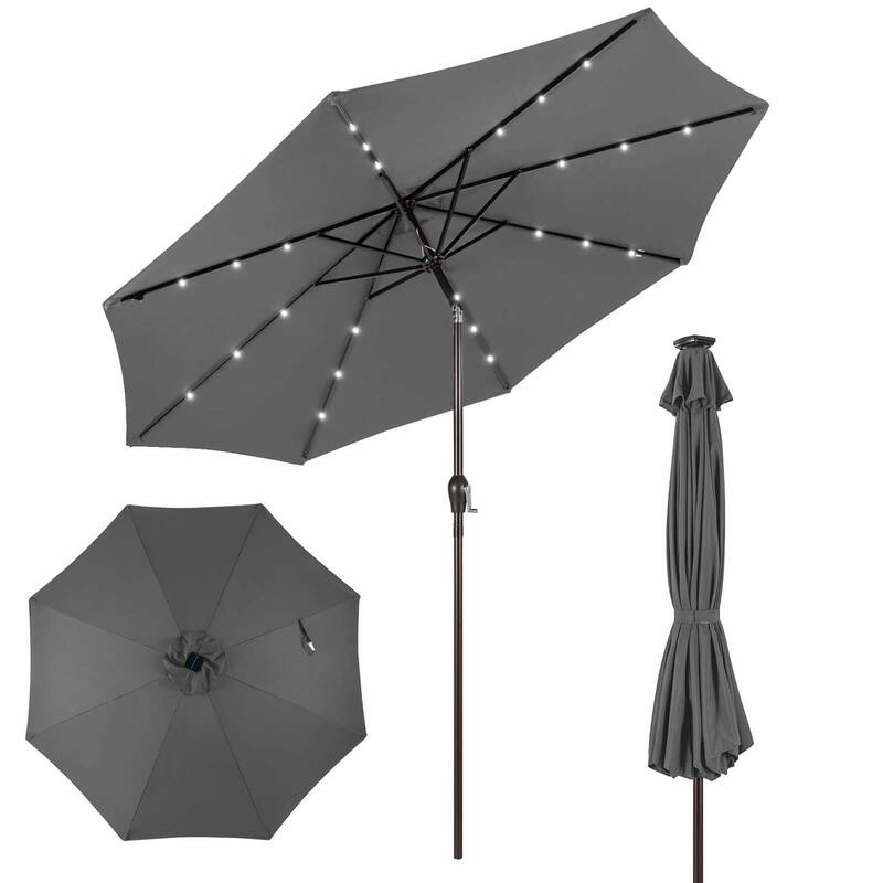 Costway 10' Solar LED Lighted Patio Market Umbrella Shade Tilt - Grey