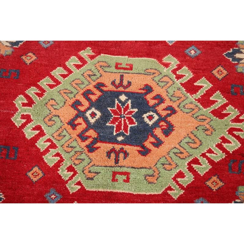 Geometric Kazak Accent Rug Hand-Knotted Red Wool Carpet - 3'4" x 4'7"