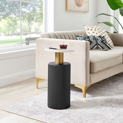 Danya B. Fritz Midcentury Modern Side Accent Table with Black Base Gold Metal Column Accents and Faux Marble Laminate Tabletop