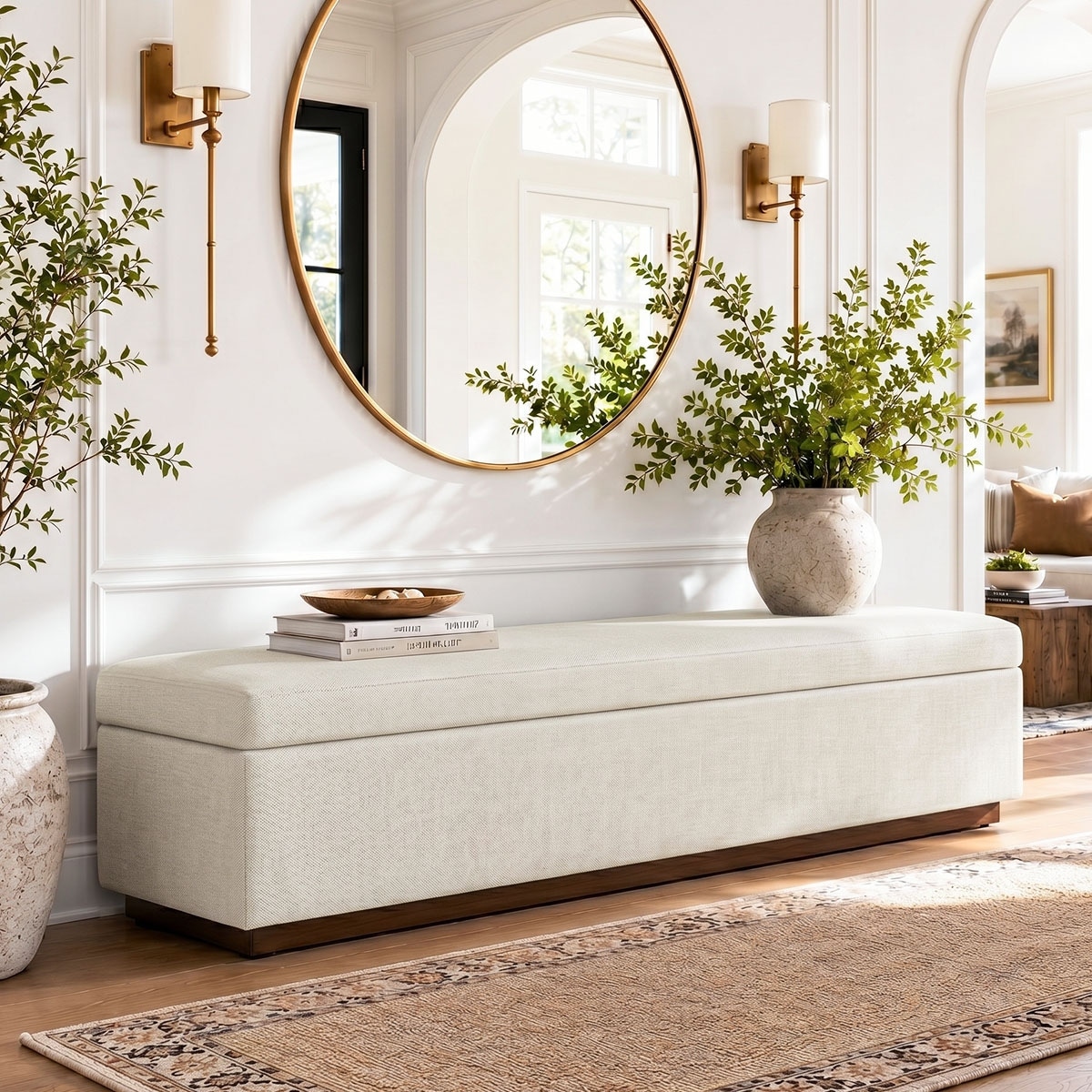 70" Extra-Long Upholstered Storage Bench with Walnut Wood Base (End-of-Bed/Entryway)