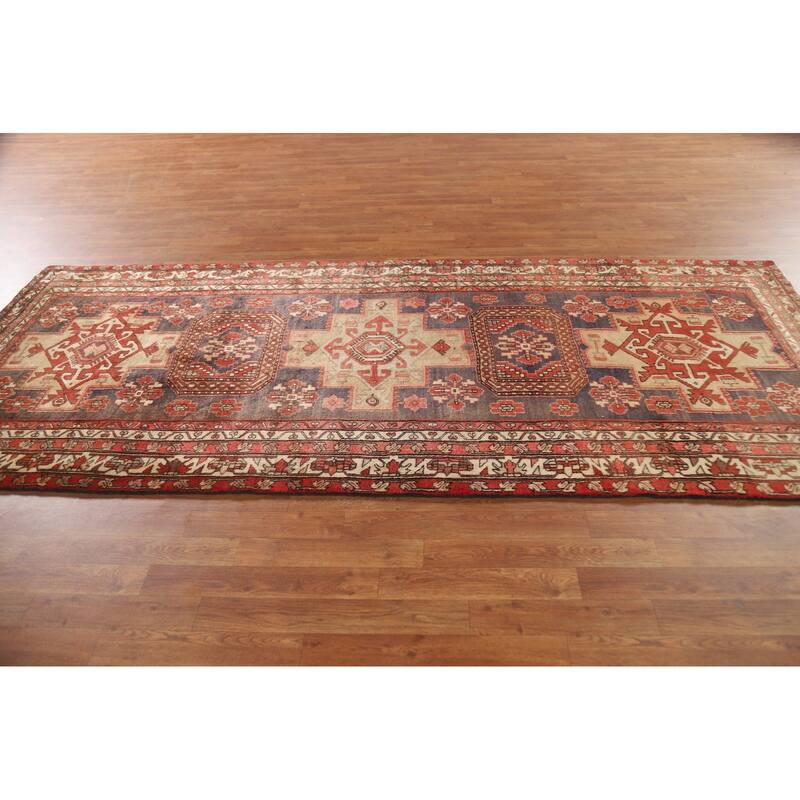 Blue Ardebil Persian Runner Rug Hand-knotted Vintage Wool Carpet - 4'4"x 10'4"