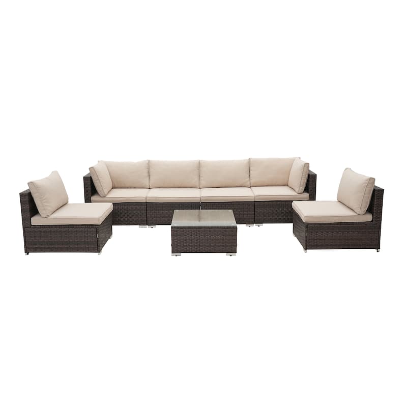 7-Piece Woven Rattan Sofa Set with Cushions and Coffee Table