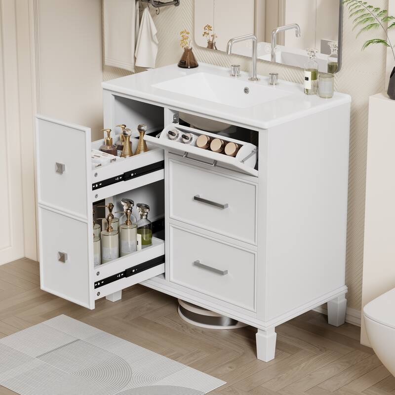 30" Bathroom Vanity with Ceramic Sink - Flip-Out Drawer for Plumbing, Soft-Close Doors - MDF Cabinet with Solid Wood Legs