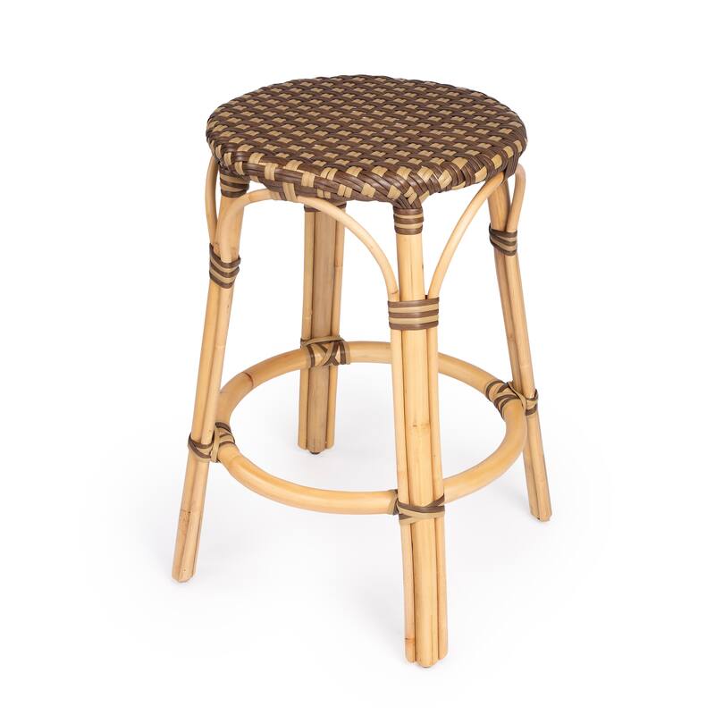 Tobias 24" Rattan Round Counter Stool - Brown/Tan Dot / Natural Rattan Frame