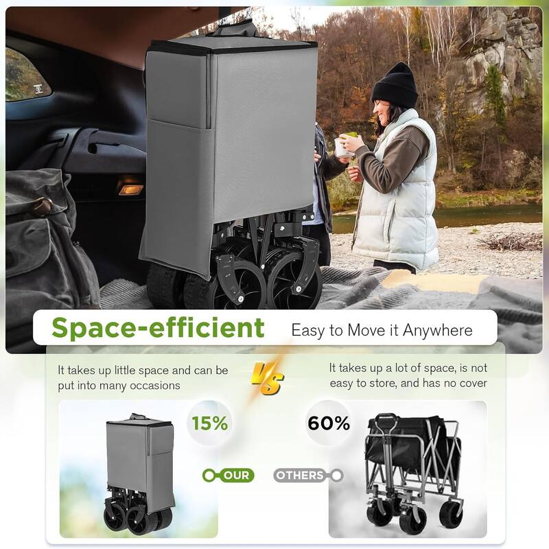 EROMMY Heavy Duty Folding Wagon Cart - All Terrain Collapsible Utility Wagon with Big Wheels, Brakes & Cup Holders for Camping