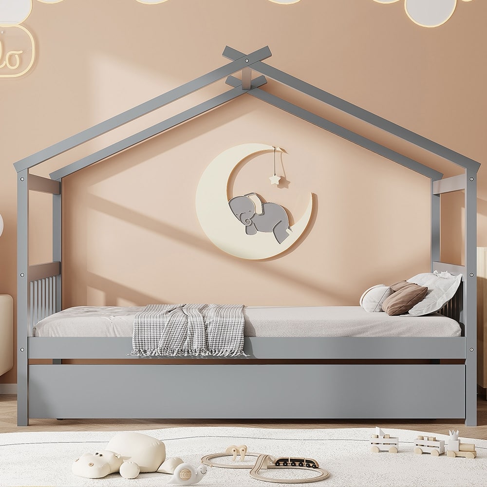 Kids Roof Platform Bed with Trundle, Twin Size House Bed Wooden Daybed Frame with Headboard and Bedtailboard for Boys, Girls