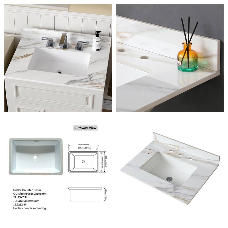 31" Bathroom Marble Undermount Vanity Top with 4" Height Backsplash