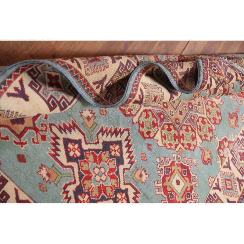 Geometric Blue Kazak Area Rug Handmade Wool Carpet - 4'11" x 5'11"