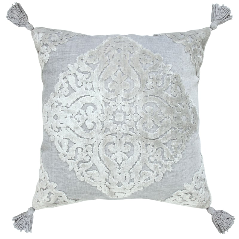 Sevita Silver Gray Traditional Textured Medallion Throw Pillow