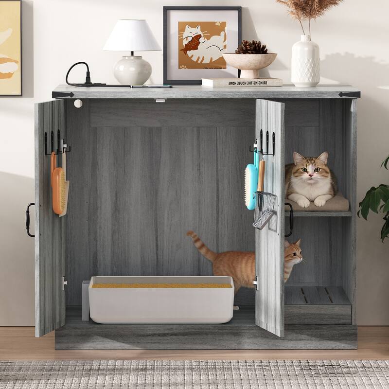 Cat Litter Box Cabinet with Power Outlet, Box Furniture for Automatic Litter Boxes, with Litter Catcher, Adjustable Shelves