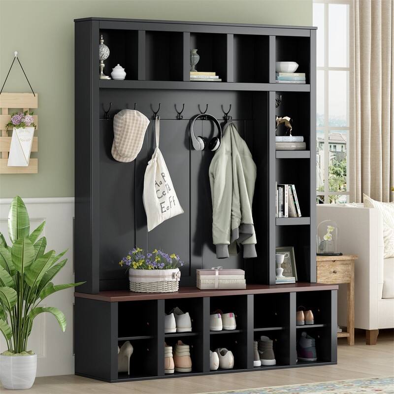 Farmhouse 4-in-1 Hall Tree with Shoe Cabinet, Entryway Storage Bench with 13 Cubbies, Coat Rack w/ Adjustable Shelves & 6 Hooks - Black
