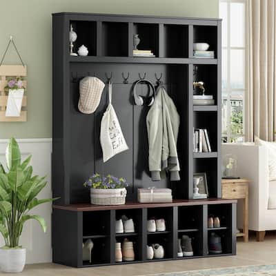 Farmhouse 4-in-1 Hall Tree with Shoe Cabinet, Entryway Storage Bench with 13 Cubbies, Coat Rack w/ Adjustable Shelves & 6 Hooks