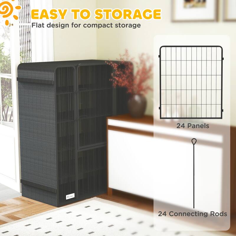 Black Steel 24-Panel Foldable Pet Playpen with Doors and Ground Stakes - 220.5" L x 157.5" W x 39.4" H