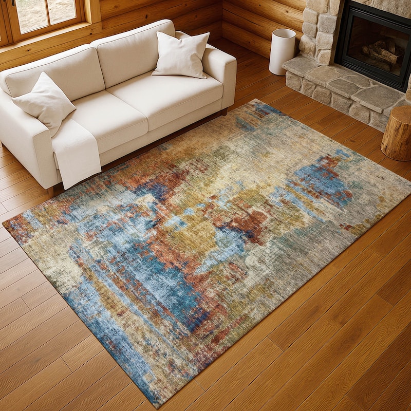 Machine Washable Indoor/ Outdoor Abstact Contemporary Chantille Rug