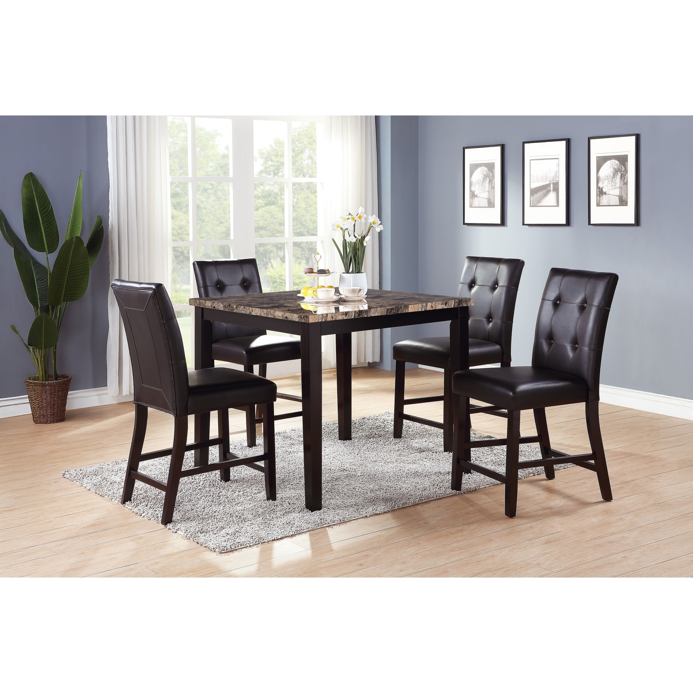 Counter Height 5pc Dining Table Set Square Faux Marble Table Espresso Finish