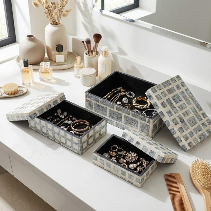 Decorative Storage Box with Geometric Pattern - Set of 3, 12",11",8" - 12.0"