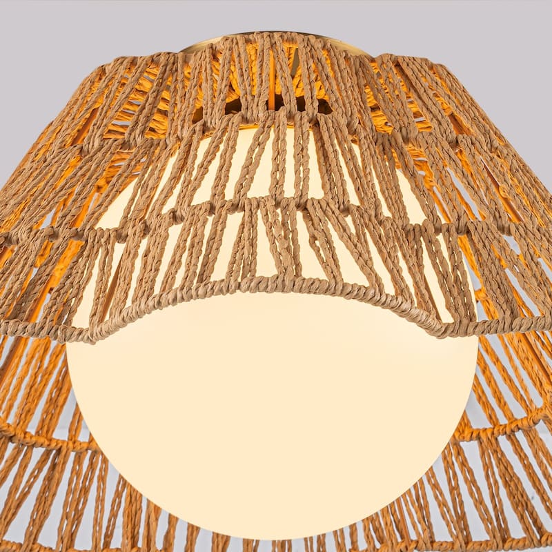 17.9'' Frosted Glass Natural Rattan Semi Flush Mount 1-Light