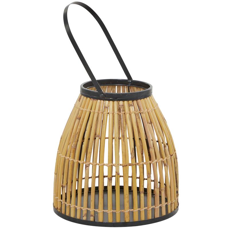 Brown Wicker Handmade Slatted Frame Decorative Candle Lantern with Handle