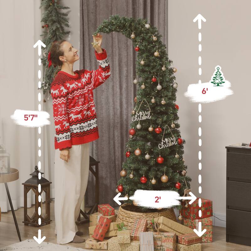 HOMCOM 6 ft Prelit Bent Top Christmas Tree, Slim High Mountain Fir Holiday Decor with 200 Warm White LEDs and with 8 Modes