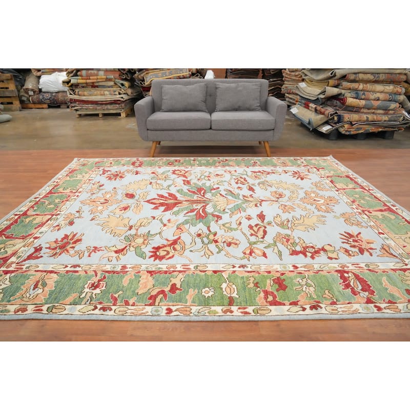 Hand Knotted Oriental 100% Wool Carpet Transitional Floral Navy Blue & Blues Oushak Area Rug - 9' 8'' X 8' 2''