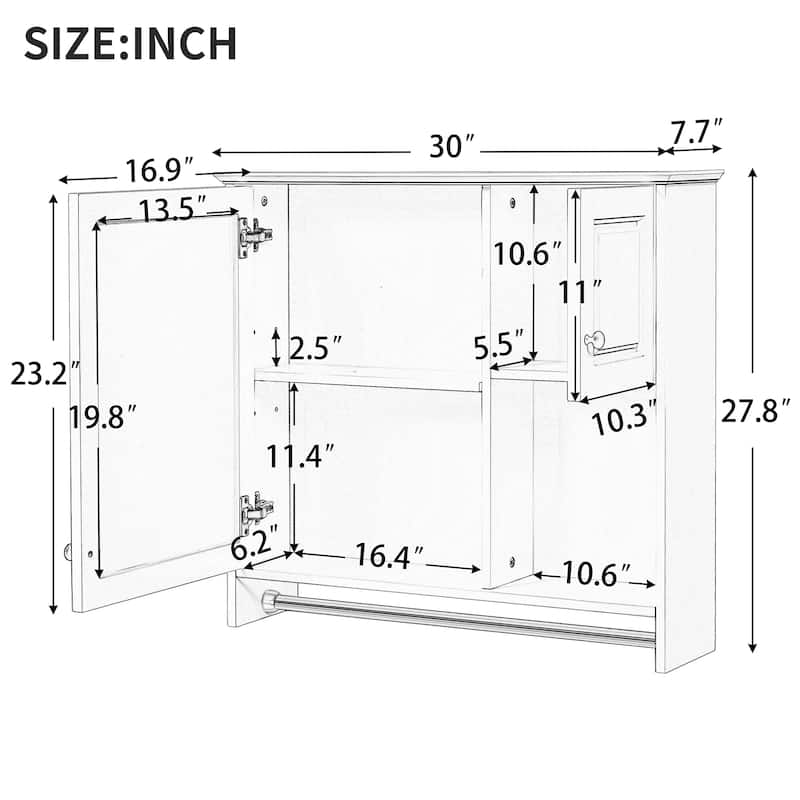 30" Bathroom Wall Cabinet with Mirror, 2 Doors and Adjustable Shelves for Over Toilet Storage