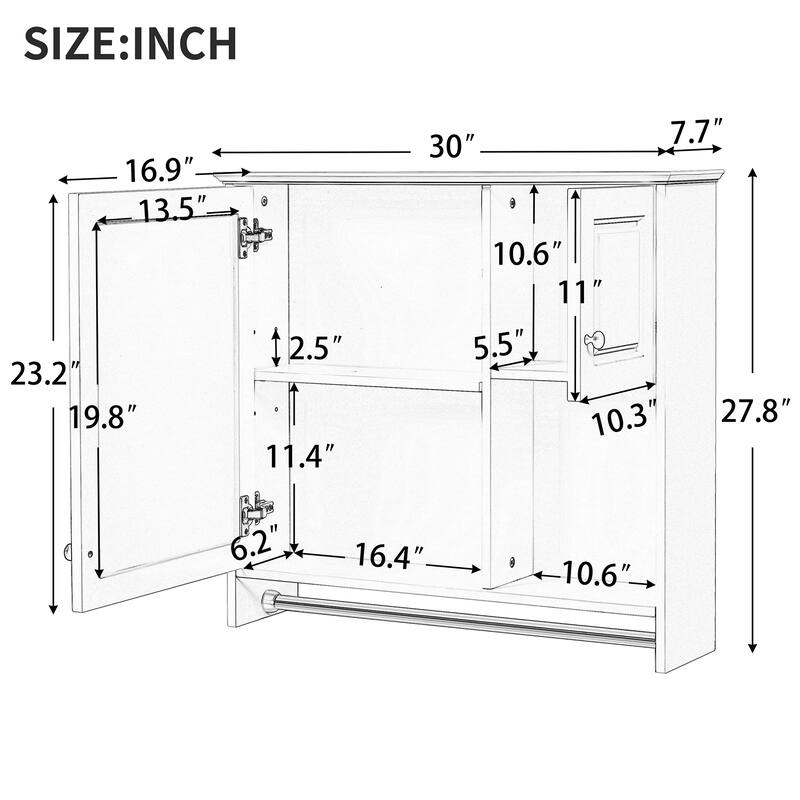 Roomfitters 30" Wall Cabinet with Mirror, Medicine Cabinet with 2 Shelves, Over Toilet Bathroom Storage Unit, White