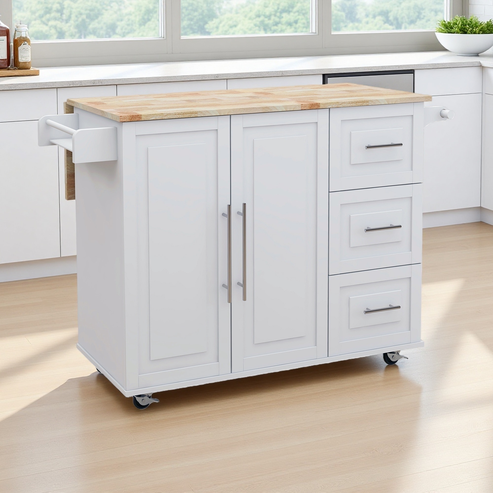 Kitchen Island with Spice Rack, Towel Rack & Solid Wood Top