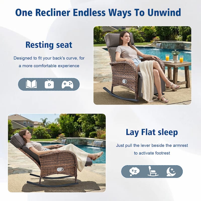 Pocassy Outdoor Curved Rocker Chaise Lounge Chairs with Side Table Set.