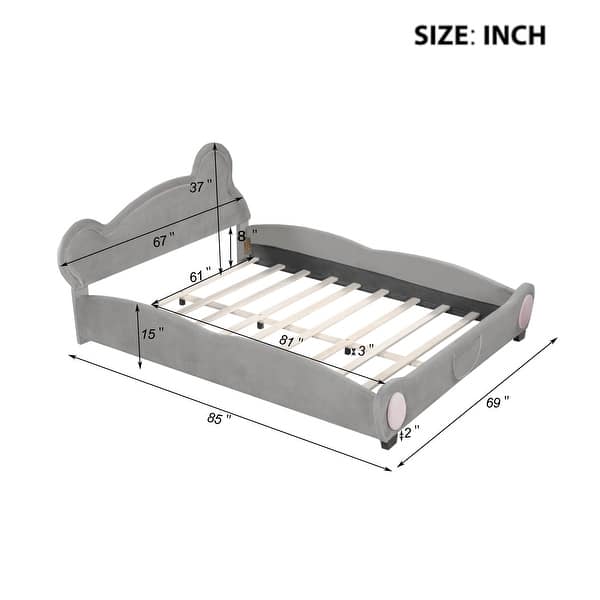 Bear-Shaped Velvet Queen Size Platform Bed with Storage Pocket