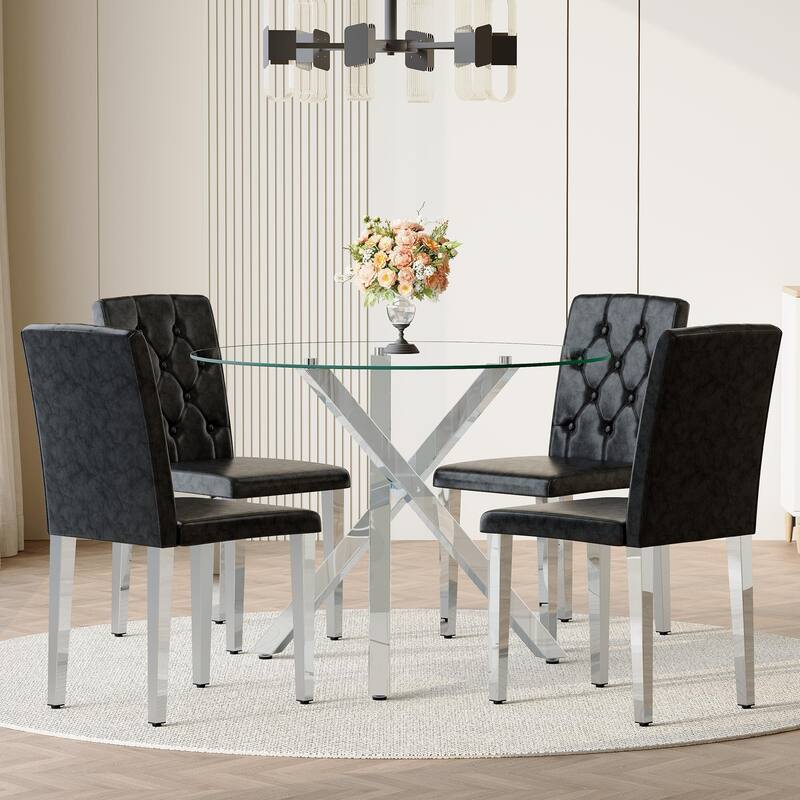 5 Piece Dining Table Set with 39 Inch Round Glass Top X-Shaped Metal Base and 4 PU Chairs - Black+Silver,Transparent