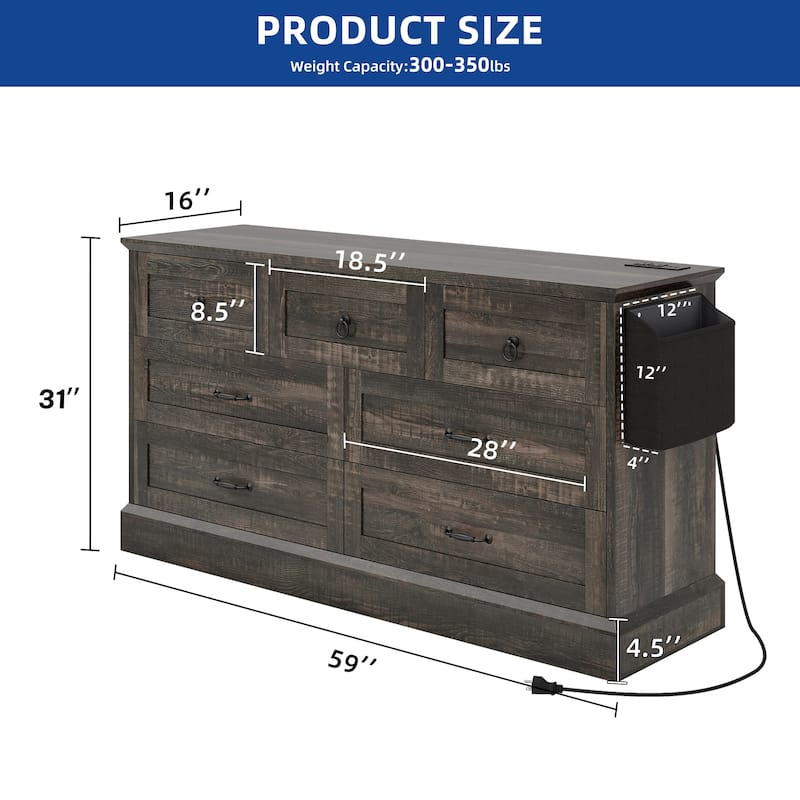 Moasis Farmhouse 59" 6 Drawer/7 Drawers Dresser Chest of Drawers Storage Organizer For Bedroom
