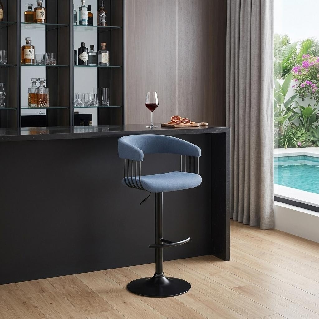 HomeRoots Blue and Black Fabric with Metal Swivel Adjustable Height Bar Chair