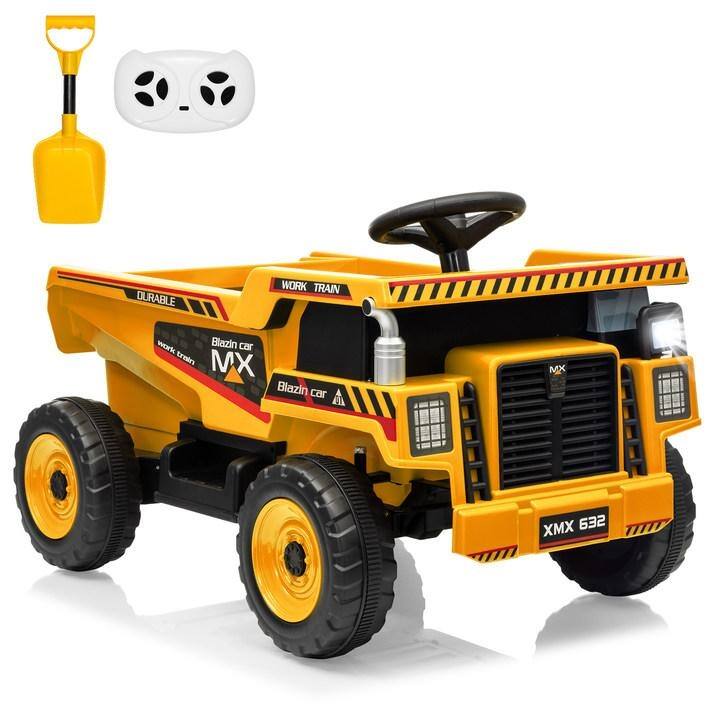 12V Ride-On Dump Truck with Remote Control, Automatic Lift Bed, Shovel & Music Player – for Kids Ages 3–8 - Yellow