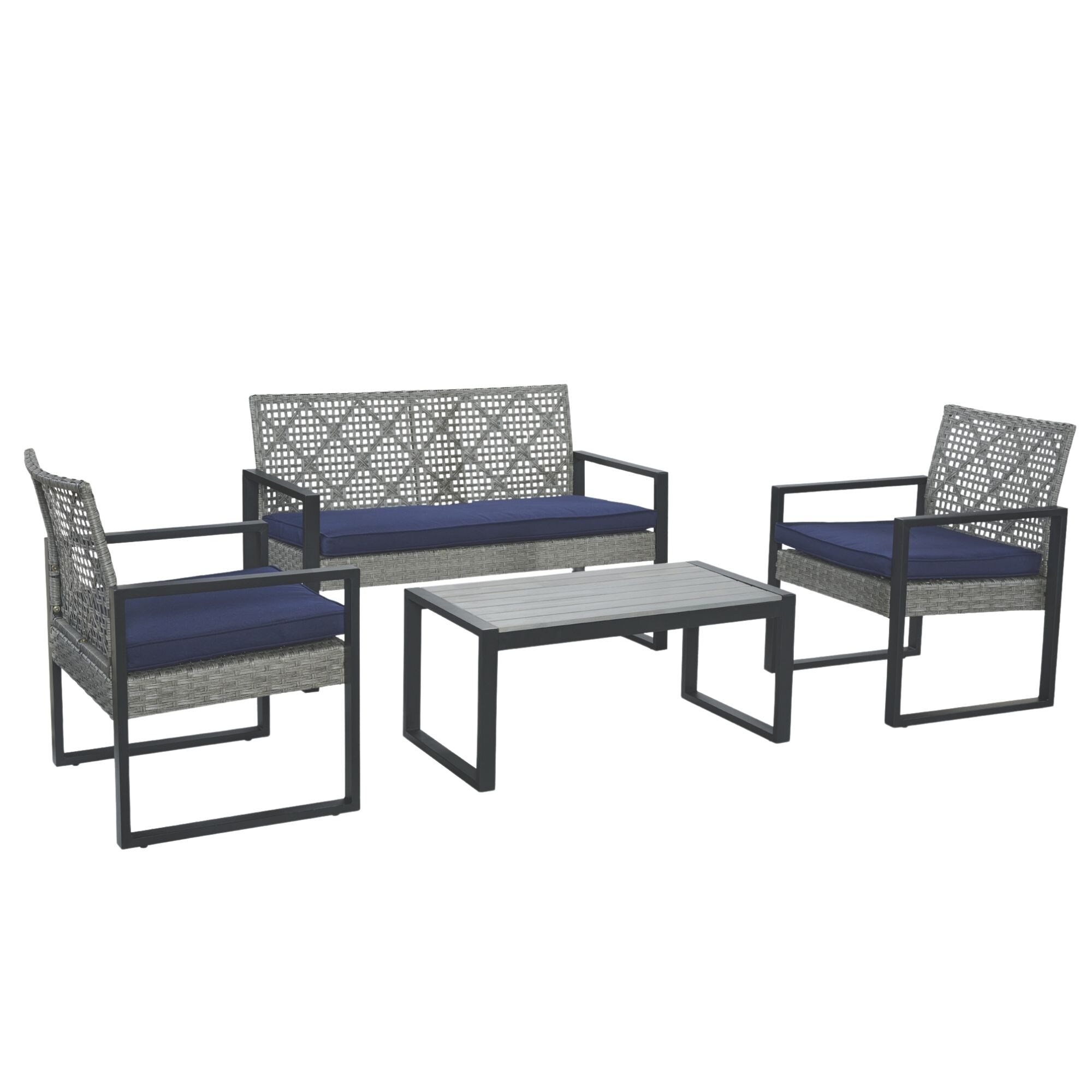 4-Piece Outdoor Conversation Set with Rattan Chairs and Acacia Table, Waterproof Cushions Included