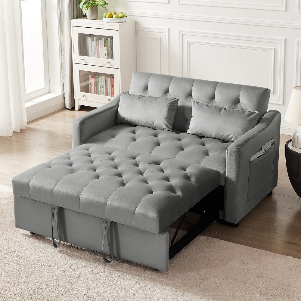 Full Size Upholstered Button Tufted Sofa Bed with Drawers and Waved Shape  Arms, Gray - ModernLuxe