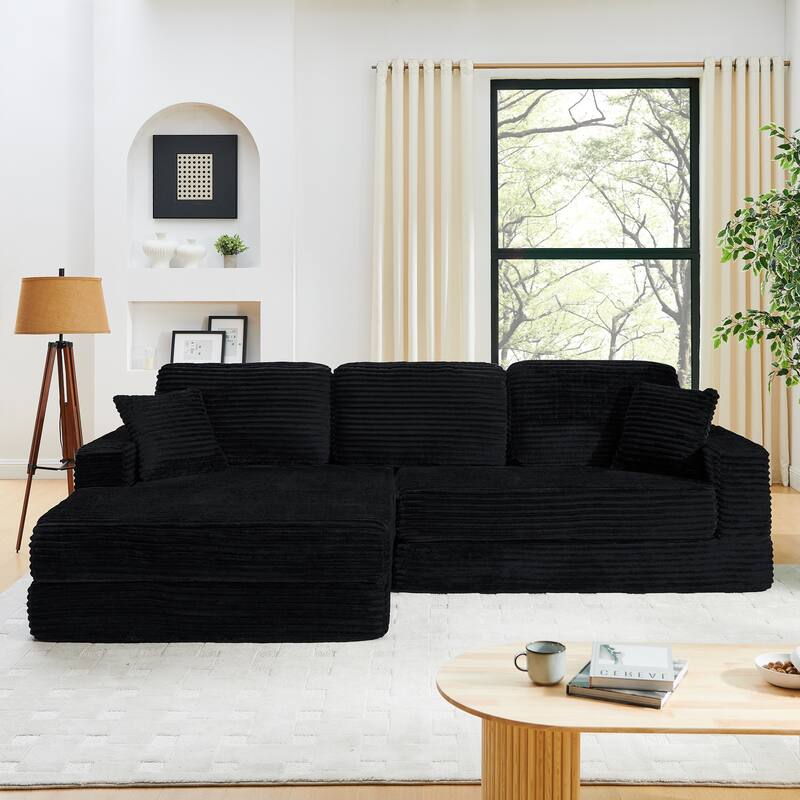 Modern Corduroy L-shaped Sectional Sofa with Chaise Expanded into Queen Size Floor Bed Comfy Compressed Sofa Couch
