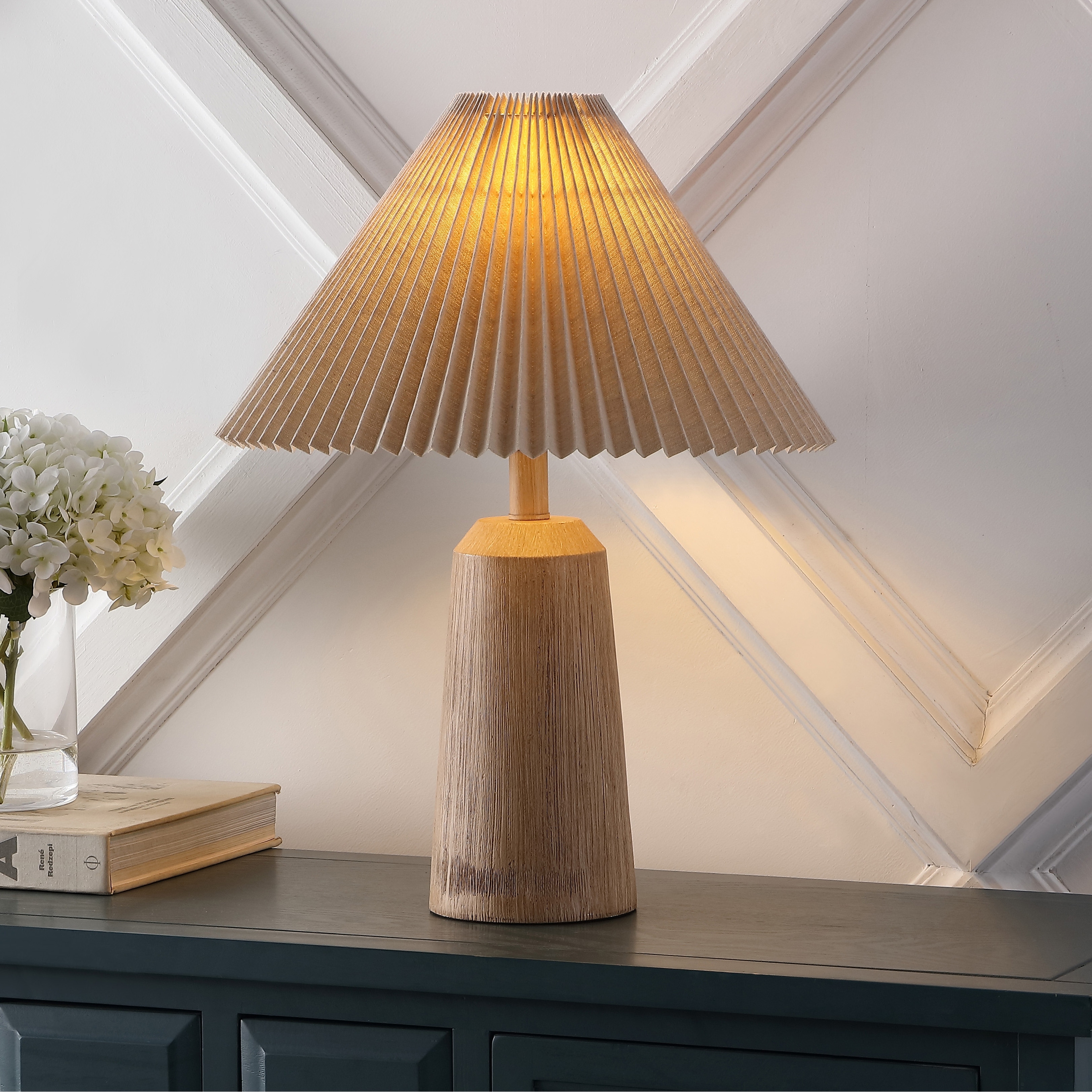Giulia 20.5" Rustic Scandinavian Resin/Iron Lighthouse LED Table Lamp with Pleated Shade, Beige Wood Finish by JONATHAN Y