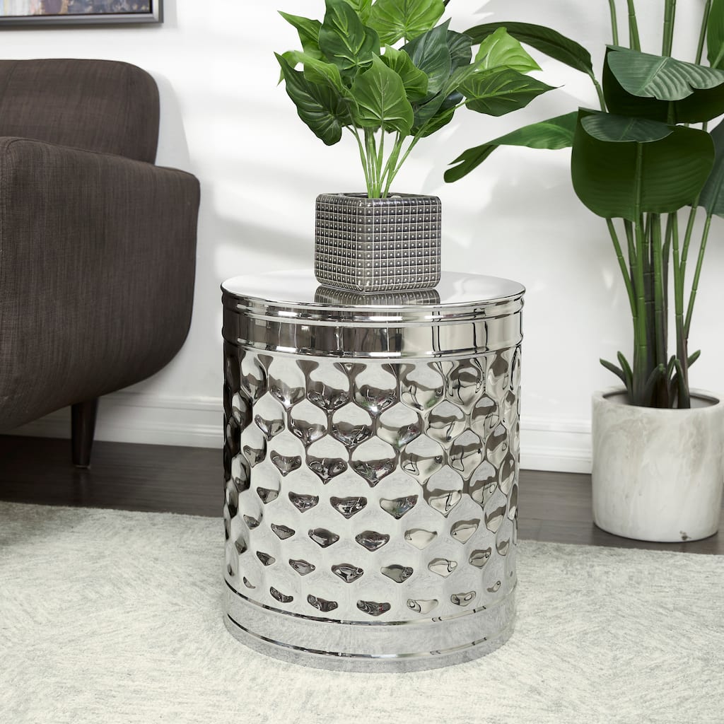 Silver Stainless Steel Metal Drum Geometric Accent Table with Hexagon Patterned Exterior