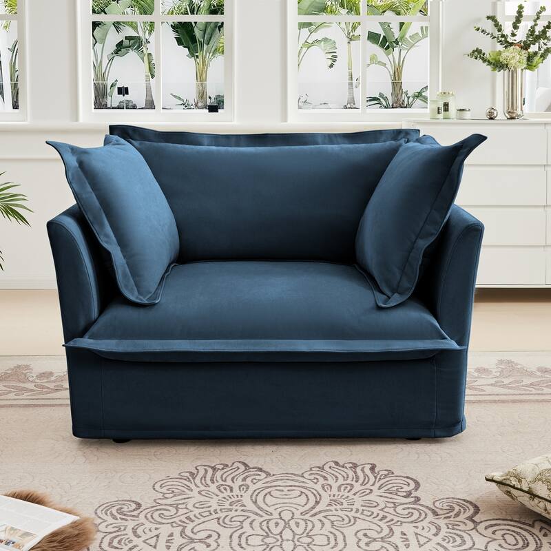 Slip-Covered Armchair with 1 Back Cushion & 2 Toss Pillows, Chenille Deep Seat Reading Armchair, Comfy Single Sofa Chair - Blue