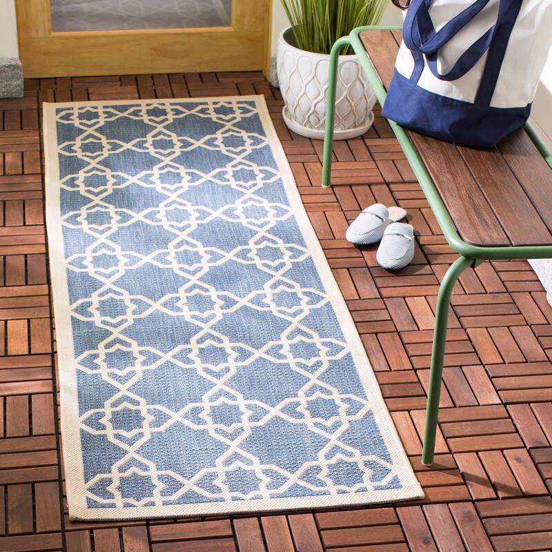 SAFAVIEH Courtyard Lawanda Trellis Indoor/ Outdoor Waterproof Patio Backyard Rug - 2'3" x 14' Runner - Blue/Beige