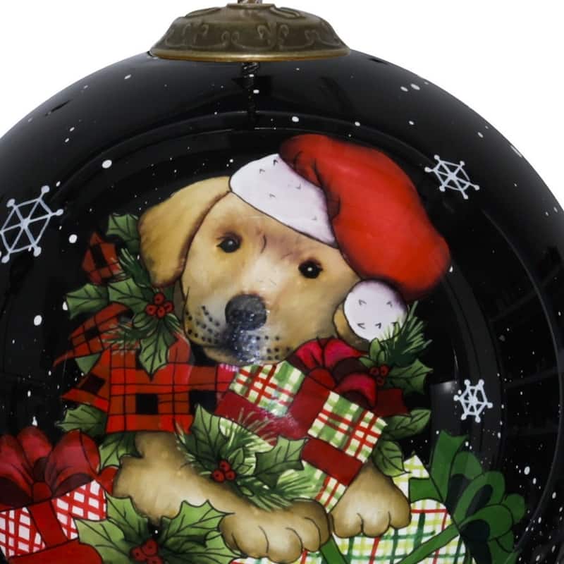 Christmas Puppy with Presents Hand Painted Mouth Blown Glass Ornament - 3"x 3" x 3"