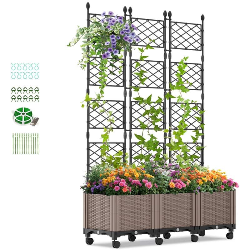 63"H Planter Box Raised Garden Bed With Trellis & Wheels, Vertical