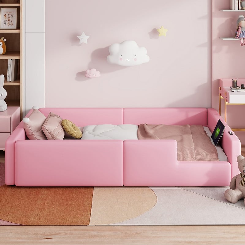 Twin Size Upholstered Platform Bed with Guardrail and Charging Station