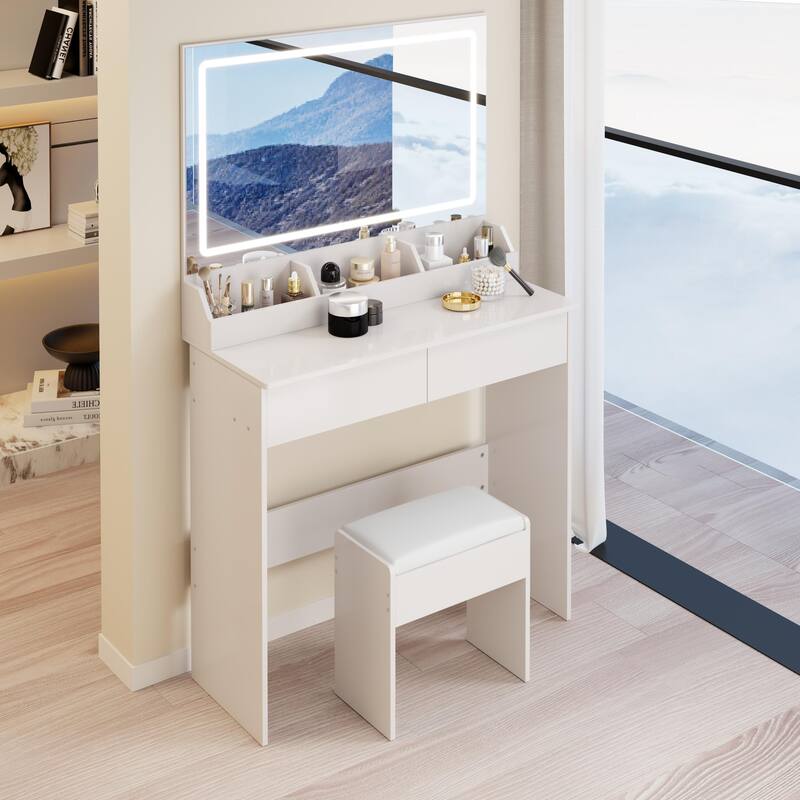 31" x 20" Extra Large LED Mirror Makeup Vanity Table with Stool, Touch Control, Adjustable Brightness & Storage