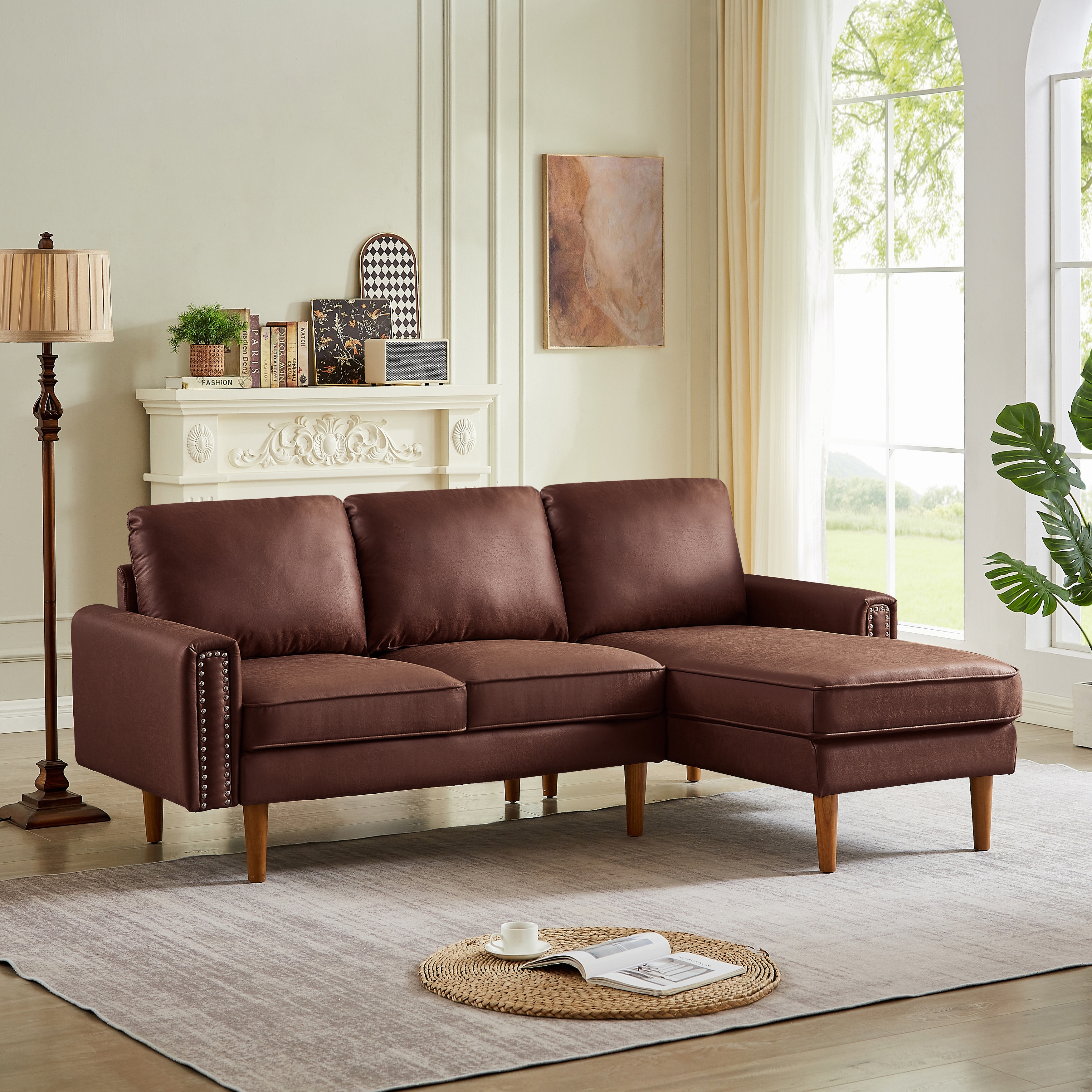 Modern L-shape Sectional with Right Chaise Lounge Sofa, Dark Brown