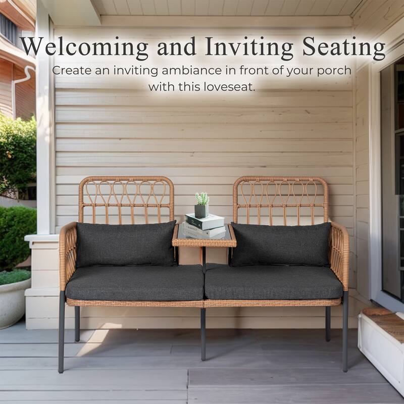 Outdoor Woven Rattan Loveseat Conversation Furniture Set with Cushions
