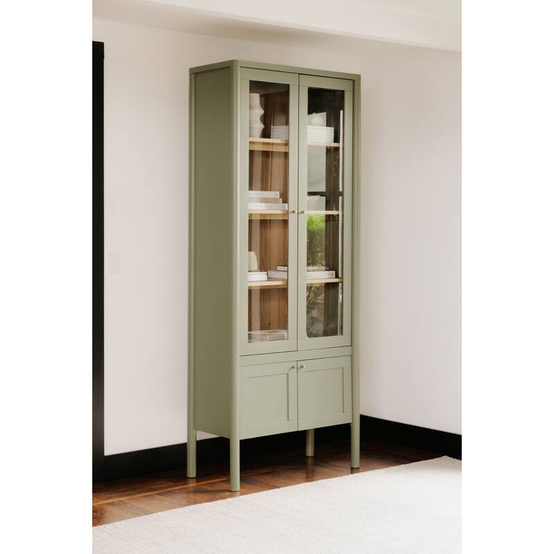 NADAAL STUDIOS Delmira Tall Cabinet, Millwork-Inspired with Glass Front and Dowel Legs, Green