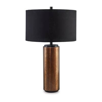 30 Inch Modern Table Lamp, Cylindrical Brass Metal Base, Black Drum Shade