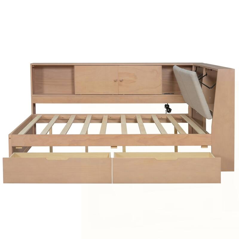 L-shaped Daybed Corner Bed with Storage Bookcase and USB Charging Ports